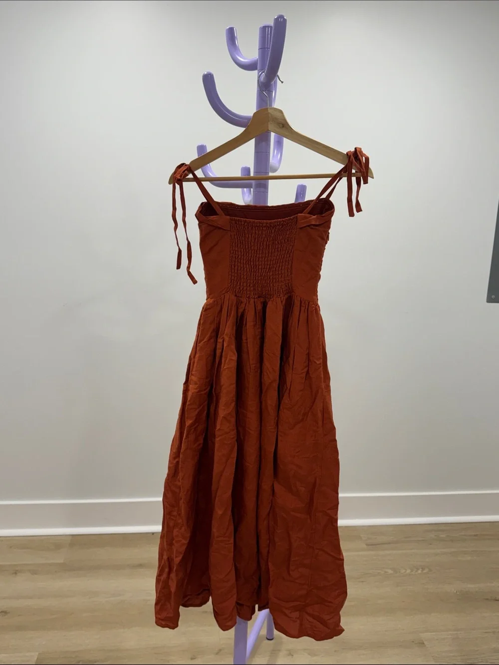 Rust Red Tie-Shoulder Midi Dress
